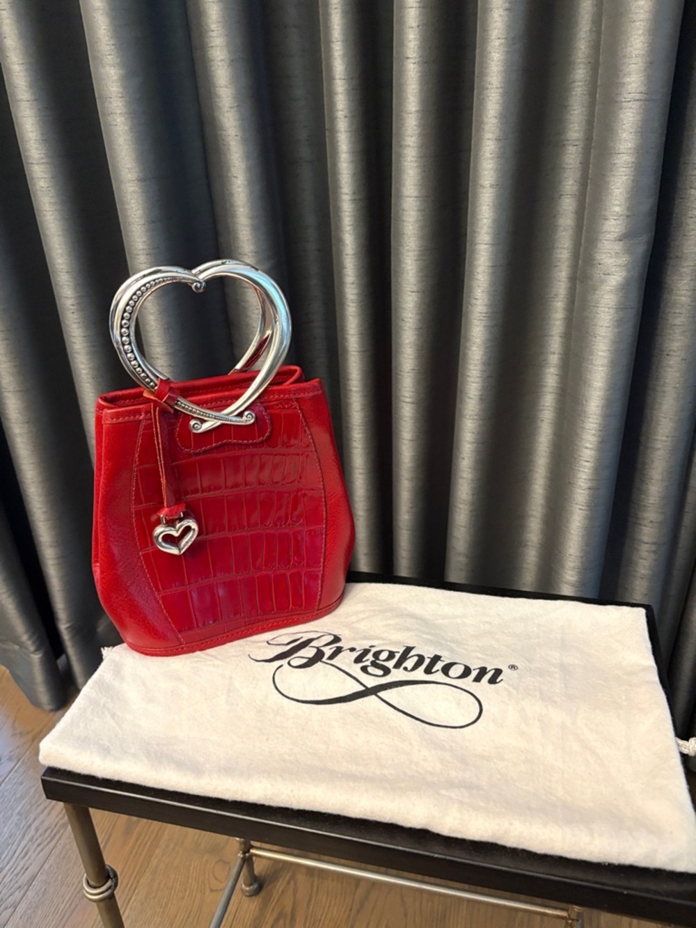 Brighton Red Croc-Embossed Mini Bucket with Heart Handle
